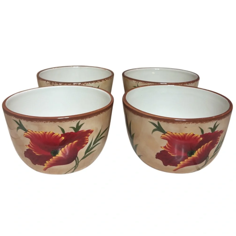 Pier 1 Poppies Bowls 6” Soup / Cereal Bowl Hand Painted Earthenware 4 Pc Set Red